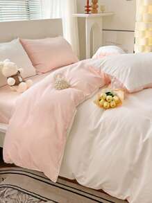 3 件套亲肤柔软白色和粉色宿舍床罩和枕套，1 个羽绒被套，2 个枕套，可机洗，无需填充物 - 白色 - 查看 6