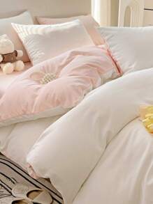 3 件套亲肤柔软白色和粉色宿舍床罩和枕套，1 个羽绒被套，2 个枕套，可机洗，无需填充物 - 白色 - 查看 7
