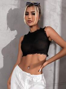 GENKIRA 木耳邊短款背心 - 黑色 - 查看 1