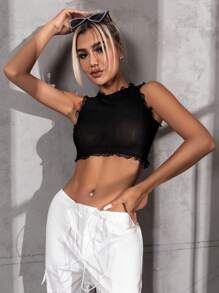 GENKIRA 木耳邊短款背心 - 黑色 - 查看 4