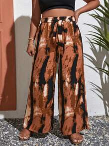 SHEIN VCAY Plus Tie Dye Belted Wide Leg Pants - Orange - View 1