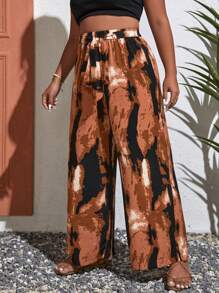 SHEIN VCAY Plus Tie Dye Belted Wide Leg Pants - Orange - View 3