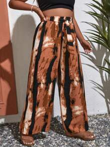 SHEIN VCAY Plus Tie Dye Belted Wide Leg Pants - Orange - View 4