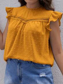 SHEIN VCAY Talla grande Blusa de lunares panel con encaje ribete con fruncido - Naranja - Ver 1