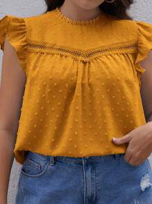 SHEIN VCAY Talla grande Blusa de lunares panel con encaje ribete con fruncido - Naranja - Ver 3