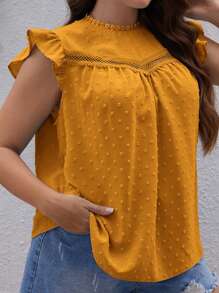 SHEIN VCAY Talla grande Blusa de lunares panel con encaje ribete con fruncido - Naranja - Ver 4