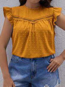 SHEIN VCAY Talla grande Blusa de lunares panel con encaje ribete con fruncido - Naranja - Ver 5