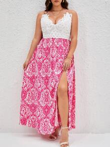 SHEIN VCAY Hơn In hoa Ren tương phản Tách đùi Váy Dây - Màu Hồng Tươi - Xem 1