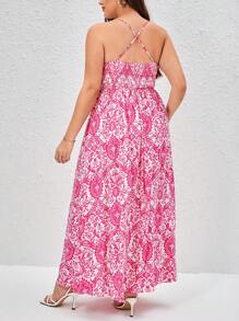 SHEIN VCAY Hơn In hoa Ren tương phản Tách đùi Váy Dây - Màu Hồng Tươi - Xem 2