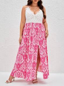 SHEIN VCAY Hơn In hoa Ren tương phản Tách đùi Váy Dây - Màu Hồng Tươi - Xem 3