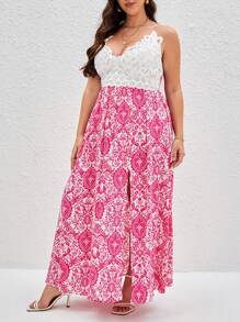 SHEIN VCAY Hơn In hoa Ren tương phản Tách đùi Váy Dây - Màu Hồng Tươi - Xem 6