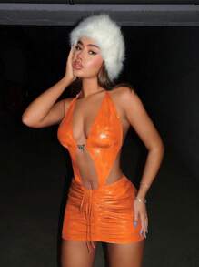 SHEIN ICON 鏤空前抽繩露背金屬質感吊脖緊身洋裝 - 橘色 - 查看 1