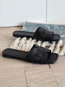 蛇纹压花平底拖鞋，夏季鞋履，沙滩装扮 - 黑色 - 查看 4