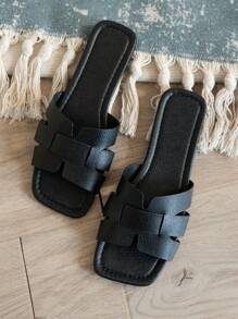 蛇纹压花平底拖鞋，夏季鞋履，沙滩装扮 - 黑色 - 查看 5