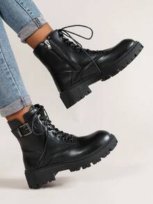 Ladies' Fashionable Combat Boots With Buckle Decoration, Lace-up And Zipper Closure - Black - View 1
