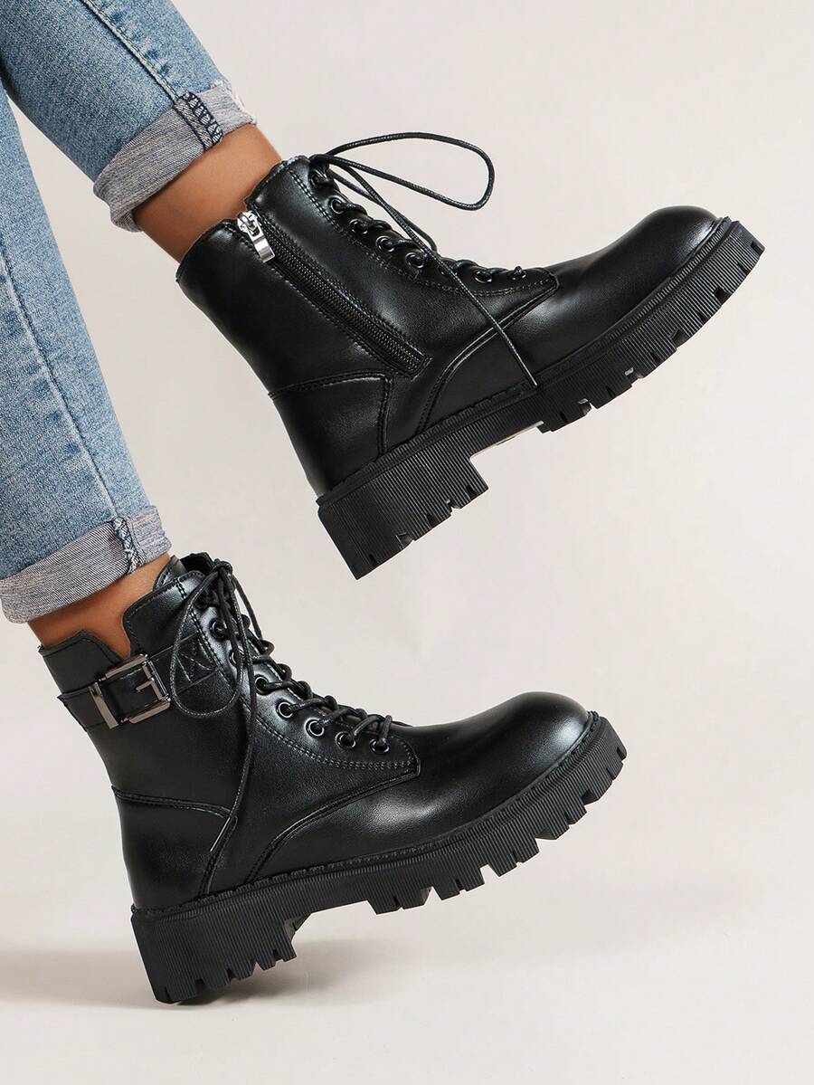 Ladies' Fashionable Combat Boots With Buckle Decoration, Lace-up And Zipper Closure - Black - View 1