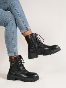 Ladies' Fashionable Combat Boots With Buckle Decoration, Lace-up And Zipper Closure - Black - View 2