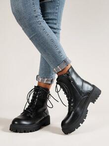 Ladies' Fashionable Combat Boots With Buckle Decoration, Lace-up And Zipper Closure - Black - View 4