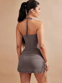 SHEIN BAE Vestido bustier con cordón lateral de cuello halter de espalda abierta fruncido - Gris - Ver 2
