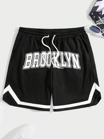 Guys Letter Graphic Contrast Tape Drawstring Waist Shorts