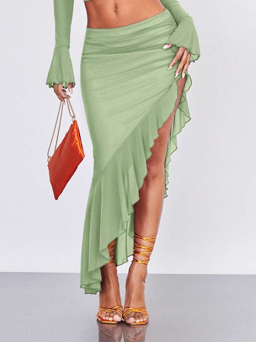 SHEIN BAE 荷葉邊不對稱下擺半身裙