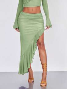 SHEIN BAE 荷葉邊不對稱下擺半身裙