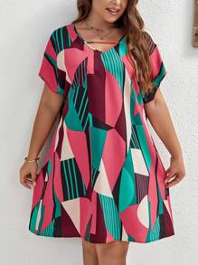 EMERY ROSE 大碼幾何印花蝙蝠袖直筒連衣裙 - 紅色 - 查看 1