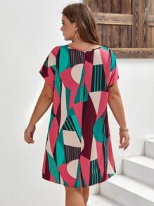 EMERY ROSE 大碼幾何印花蝙蝠袖直筒連衣裙 - 紅色 - 查看 2