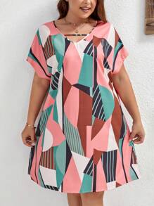 EMERY ROSE Plus Geo Print Batwing Sleeve Tunic Dress, Summer - Dusty Pink - View 1