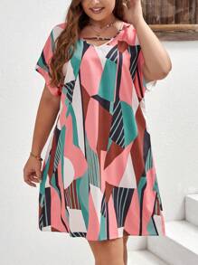EMERY ROSE Plus Geo Print Batwing Sleeve Tunic Dress, Summer - Dusty Pink - View 4