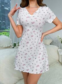 印花木耳邊前蝴蝶結睡裙