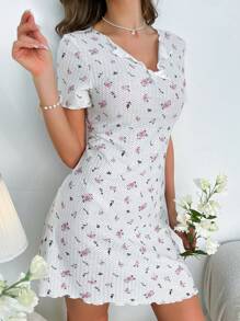 印花木耳邊前蝴蝶結睡裙