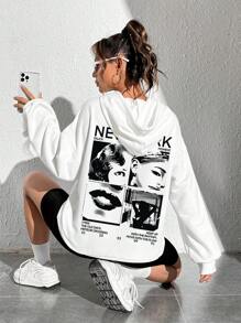 SHEIN EZwear Áo hoodie dáng rộng dáng rộng có họa tiết hoạt hình dành cho nữ, thích hợp cho mùa thu đông - trắng - Xem 1