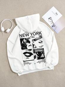 SHEIN EZwear Áo hoodie dáng rộng dáng rộng có họa tiết hoạt hình dành cho nữ, thích hợp cho mùa thu đông - trắng - Xem 2