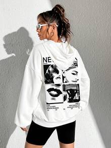 SHEIN EZwear Áo hoodie dáng rộng dáng rộng có họa tiết hoạt hình dành cho nữ, thích hợp cho mùa thu đông - trắng - Xem 5