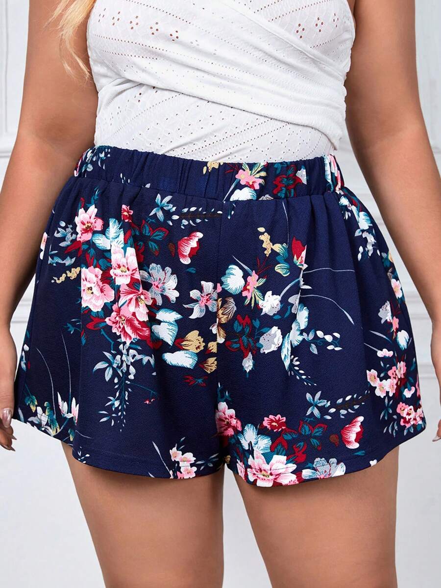 SHEIN VCAY Hơn In hoa Quần short chân rộng - Màu xanh hải quân - Xem 1