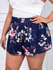 SHEIN VCAY Hơn In hoa Quần short chân rộng - Màu xanh hải quân - Xem 3