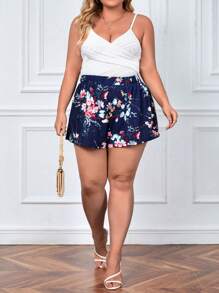 SHEIN VCAY Hơn In hoa Quần short chân rộng - Màu xanh hải quân - Xem 5