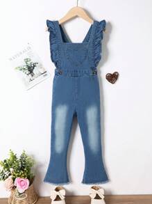 女小童荷葉邊喇叭牛仔背帶褲 - 中等水洗藍 - 查看 1