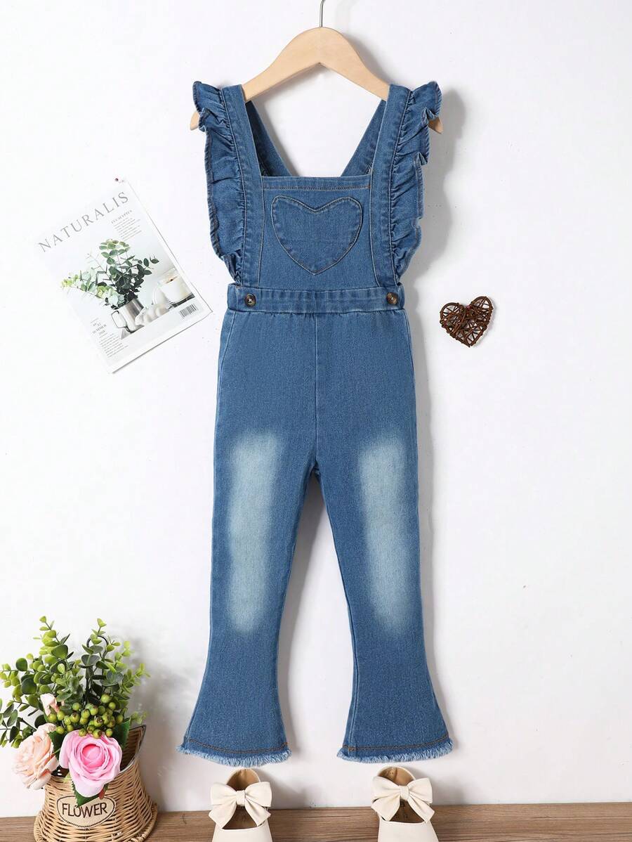 女小童荷葉邊喇叭牛仔背帶褲 - 中等水洗藍 - 查看 1
