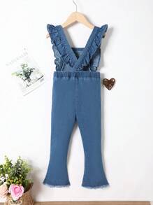 女小童荷葉邊喇叭牛仔背帶褲 - 中等水洗藍 - 查看 2