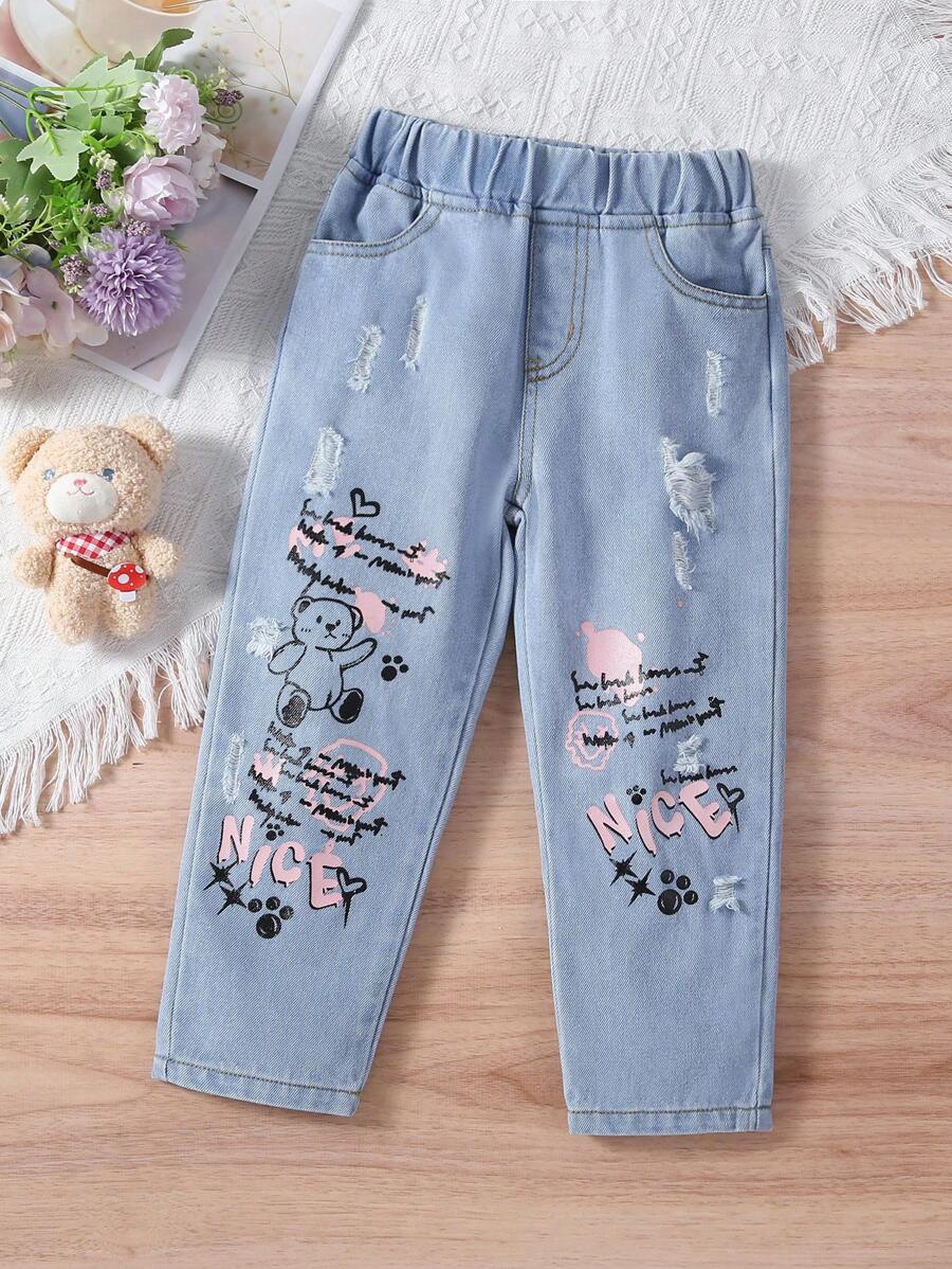 Cô Gái Trẻ Đồ họa hoạt hình và khẩu hiệu Quần jean rách - Rửa nhẹ - Xem 1