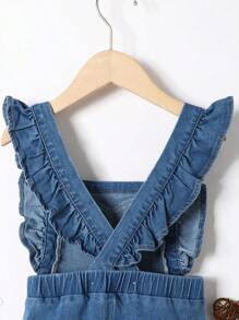 女小童荷葉邊喇叭牛仔背帶褲 - 中等水洗藍 - 查看 3