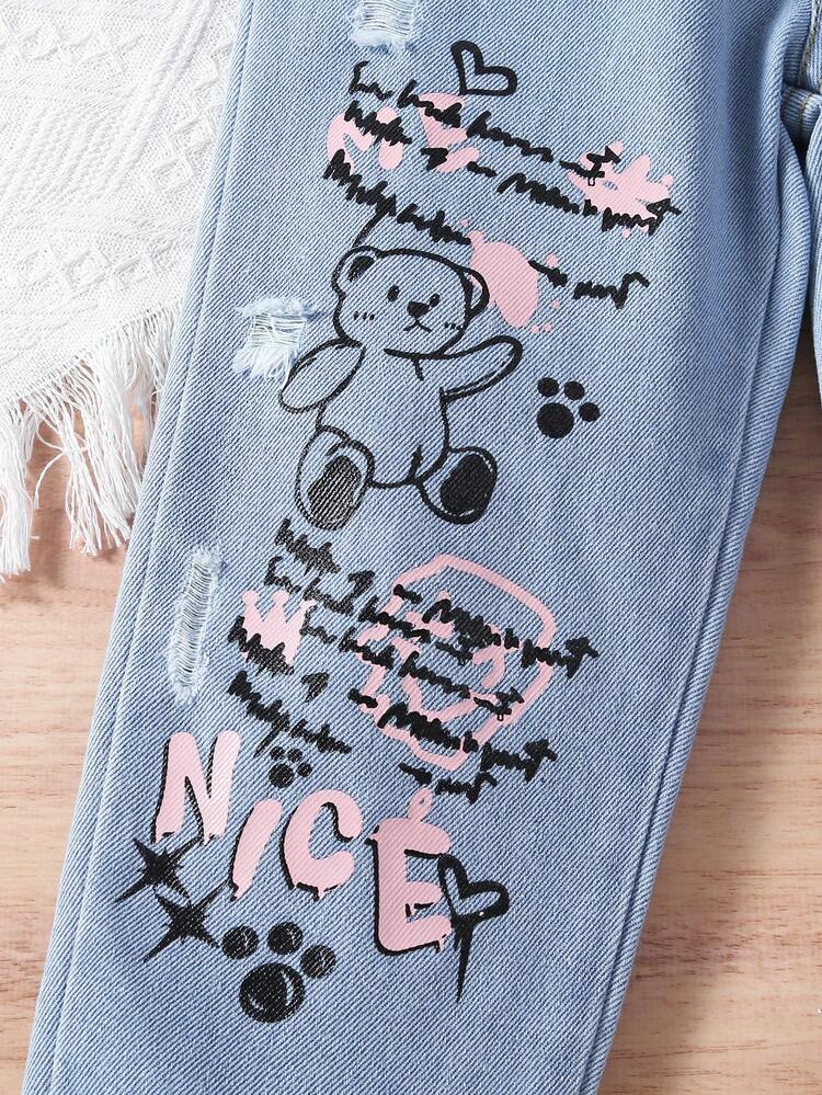 Cô Gái Trẻ Đồ họa hoạt hình và khẩu hiệu Quần jean rách - Rửa nhẹ - Xem 5