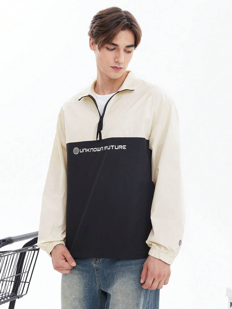 Loose Fit Men's Two Tone Letter Graphics Half Zip Coat