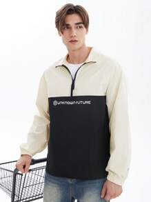 Chillumni Loose Fit Men's Two Tone Letter Graphics Half Zip Coat - Black and White - View 3