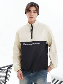 Chillumni Loose Fit Men's Two Tone Letter Graphics Half Zip Coat - Black and White - View 4
