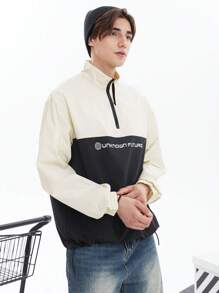 Chillumni Loose Fit Men's Two Tone Letter Graphics Half Zip Coat - Black and White - View 5