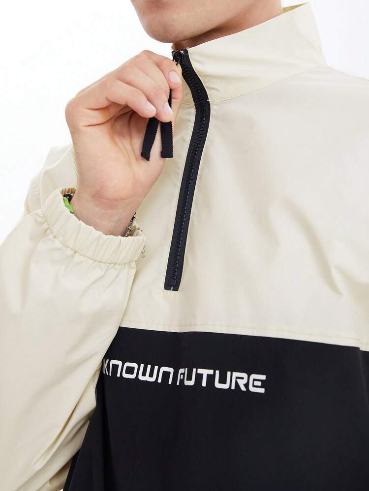 Loose Fit Men's Two Tone Letter Graphics Half Zip Coat