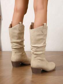 簡約風一腳蹬有皺紋的西部風格女牛仔靴適合女士,高跟鞋高幫休閒靴子